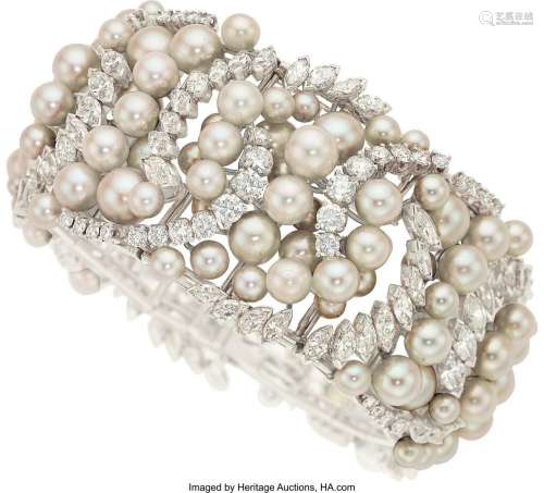 Diamond, Cultured Pearl, Platinum Bracelet, circa 1950  Ston...
