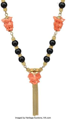 Coral, Black Onyx, Gold Necklace  Stones: Carved coral; blac...