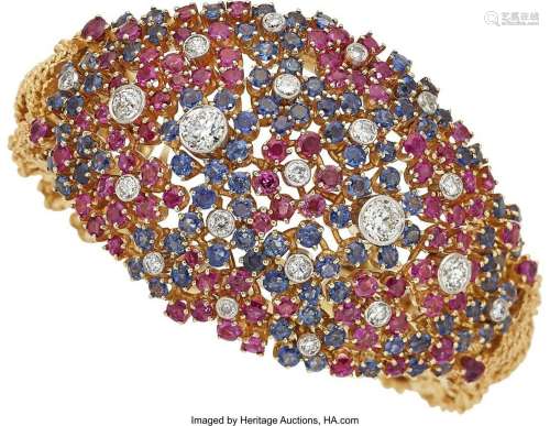 Diamond, Ruby, Sapphire, Gold Bracelet, circa 1950  Stones: ...