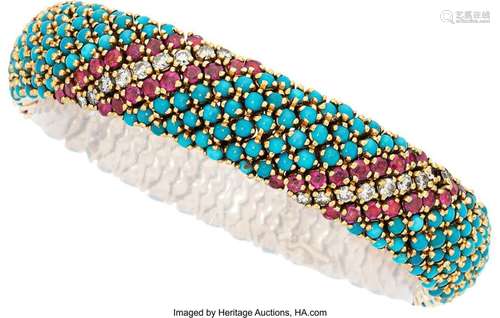 Diamond, Ruby, Turquoise, Gold Bracelet  Stones: Full-cut di...