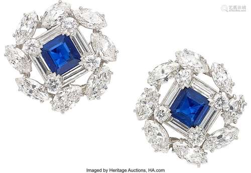 Diamond, Sapphire, Platinum, White Gold Earrings   Stones: S...