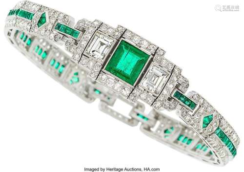 Emerald, Diamond, Platinum Bracelet  Stones: Square-cut emer...