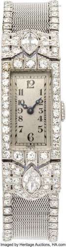 Art Deco Swiss Diamond, Platinum Watch  Case: 24 x 15 mm, re...