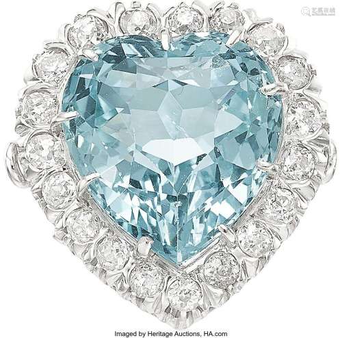 Aquamarine, Diamond, White Gold Ring  Stones: Heart-shaped a...