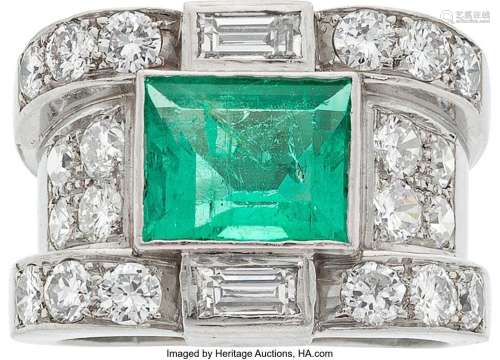 Colombian Emerald, Diamond, Platinum Ring  Stones: Rectangle...