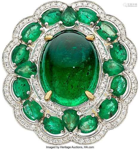 Emerald, Diamond, Gold Ring  Stones: Emerald cabochon; pear ...