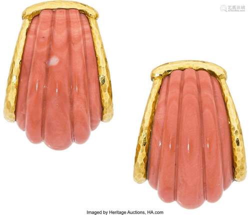 David Webb Coral, Gold Earrings  Stones: Carved coral Metal:...