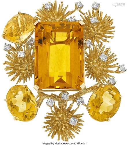 Citrine, Diamond, Gold Brooch  Stones: Emerald-cut citrine w...