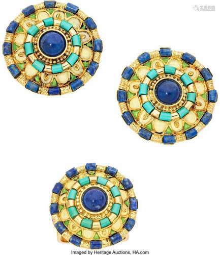 Lapis Lazuli, Turquoise, Enamel, Gold  Jewelry Suite  Stones...