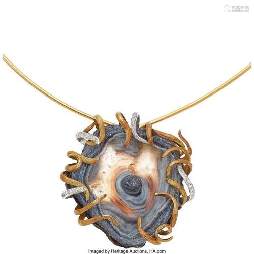 Andrew Grima Druzy Agate, Diamond, Platinum,  Gold Pendant-B...