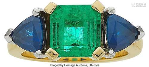 Colombian Emerald, Sapphire, Gold Ring  Stones: Square emera...