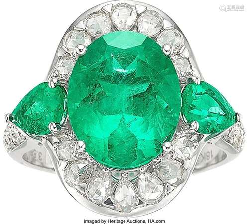 Emerald, Diamond, White Gold Ring  Stones: Oval and pear-sha...