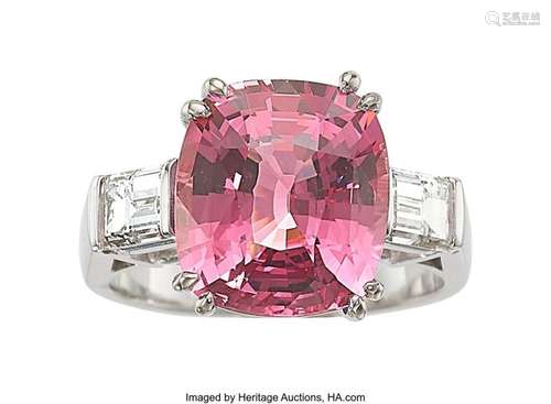 Pink Spinel, Diamond, White Gold Ring  Stones: Cushion-shape...