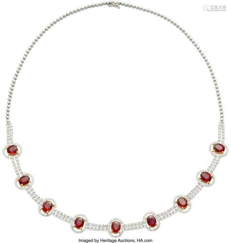 Burma Ruby, Diamond, Gold Necklace  Stones: Oval-shaped rubi...