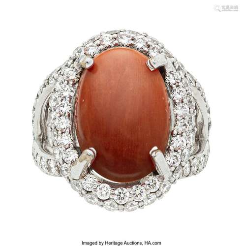 Coral, Diamond, Platinum Ring  Stones: Coral cabochon; full-...