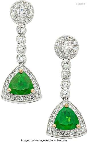 Russian Demantoid Garnet, Diamond, White Gold Earrings  Ston...