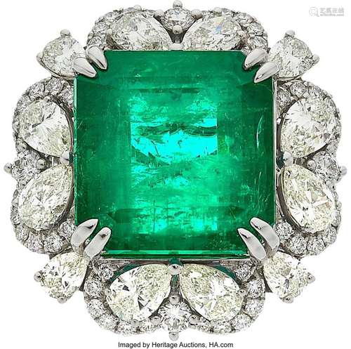 Emerald, Diamond, White Gold Ring  Stones: Square step-cut e...