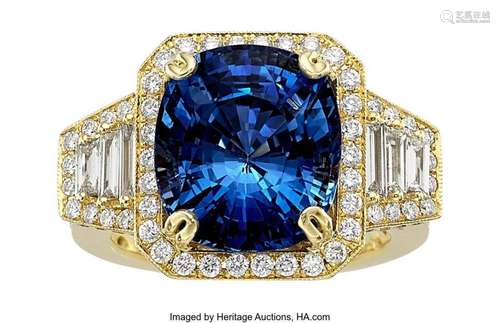 Ceylon Sapphire, Diamond, Gold Ring  Stones: Cushion-shaped ...