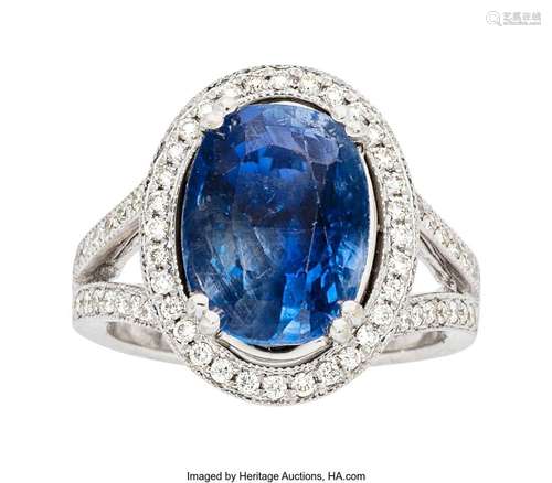 Ceylon Sapphire, Diamond, White Gold Ring  Stones: Cushion-s...