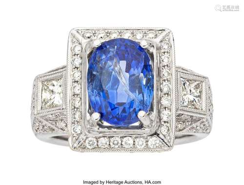 Ceylon Sapphire, Diamond, White Gold Ring  Stones: Oval-shap...