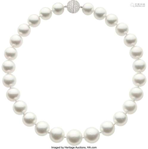 Diamond, South Sea Cultured Pearl,  White Gold Necklace  Sto...