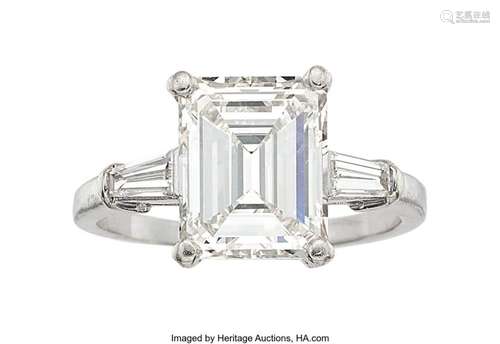 Diamond, Platinum Ring  Stones: Emerald-cut diamond weighing...