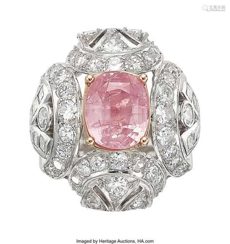 Padparadscha Sapphire, Diamond, Platinum, Rose Gold Ring  St...