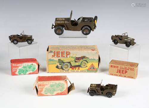 Three Tri-ang Minic tinplate clockwork No. 1 Jeeps and a tin...