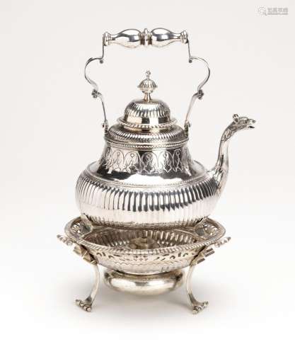 A Dutch silver small kettle, burner and stand