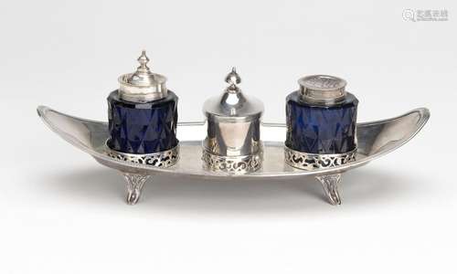 A Dutch silver inkstand with blue glass jars, Rotterdam