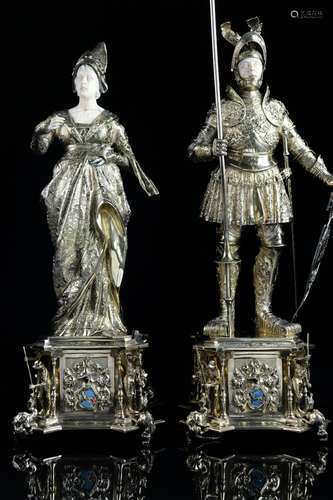 A pair of silver gilt statues of a court lady and a knight, ...