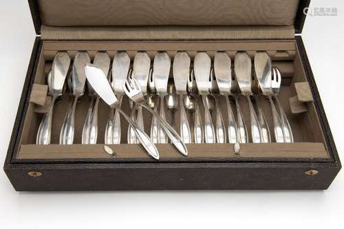 Eighteen Dutch silver fish forks and knives, in canteen