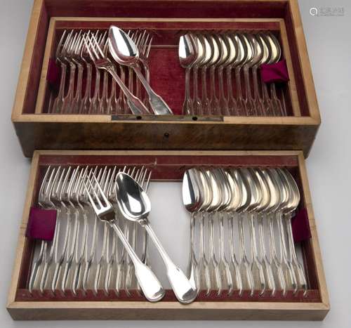 Twenty four Dutch table spoons and table forks in walnut woo...