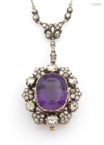 An antique amethyst and diamond necklace/brooch