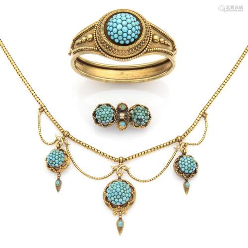 An antique 14k gold turquoise demi parure