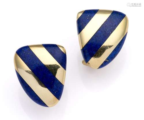 A pair of 18k gold lapis lazuli earclips, Angela Cummings fo...