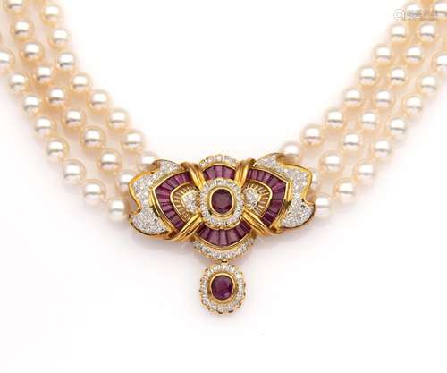 An 18k gold cultured pearl, ruby and diamond necklace