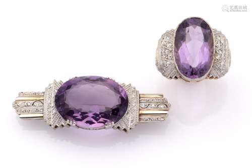 An amethyst and diamond brooch and ring