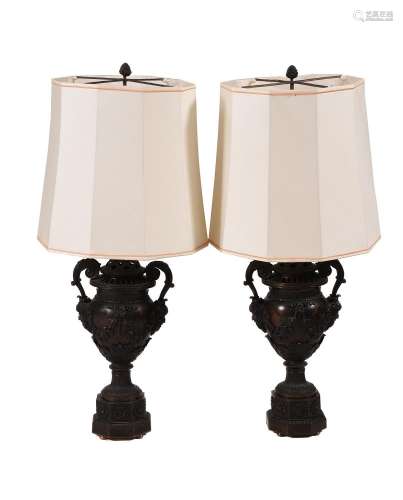 A PAIR OF PATINATED METAL TABLE LAMPS IN NEO-CLASSICAL TASTE