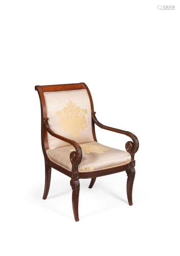 A MAHOGANY AND 'PLUM PUDDING' ARMCHAIR IN LOUIS PHILIPPE STY...