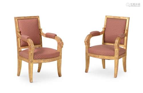 A PAIR OF FRENCH GILTWOOD OPEN ARMCHAIRS, IN THE MANNER OF P...