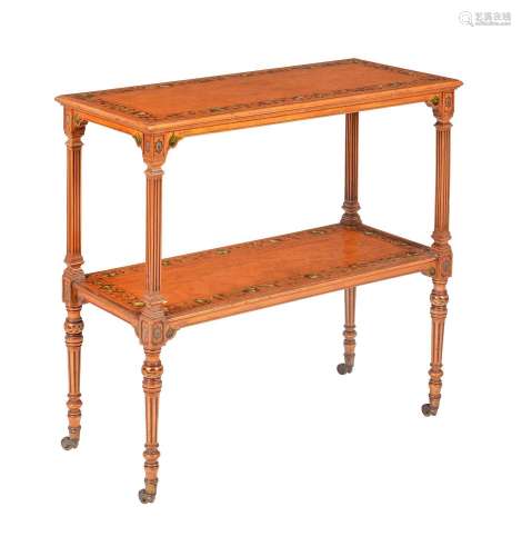 A SHERATON REVIVAL SATINWOOD AND POLYCHROME PAINTED TWO TIER...