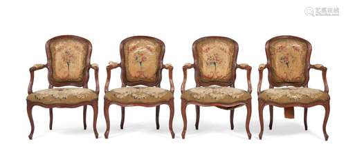 A SET OF FOUR FRENCH BEECH FAUTEUILSIN LOUIS XV STYLE