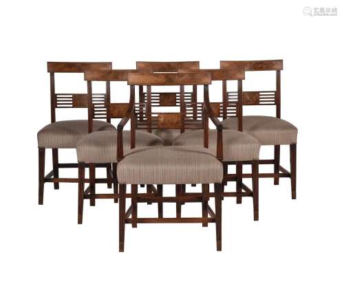 A SET OF SIX MAHOGANY AND LINE INLAID DINING CHAIRS