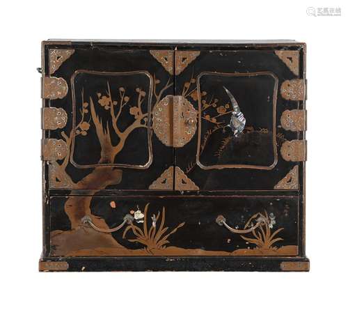 A JAPANESE EXPORT BLACK LACQUERED AND GILT METAL MOUNTED TAB...