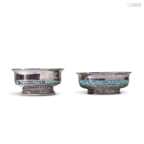 Two turquoise-inlaid white metal bowls, 20th century