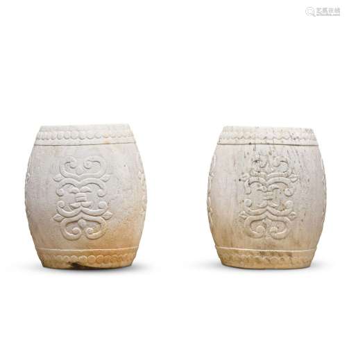 A pair of white marble barrel-form garden stools, Late Qing ...