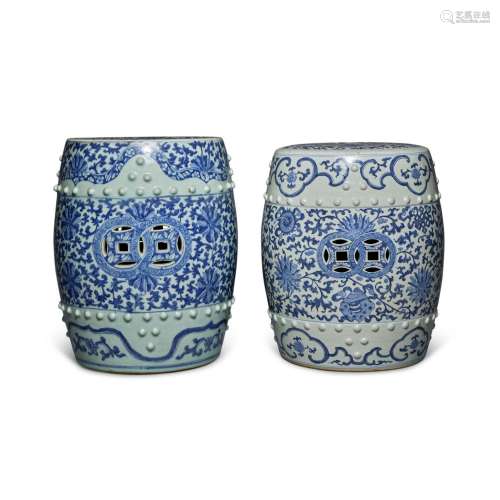 Two blue and white barrel-form garden stools, 19th / 20th ce...