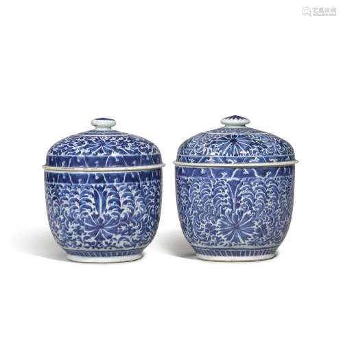 Two blue and white \'floral\' jar with covers, Qing dynasty,...