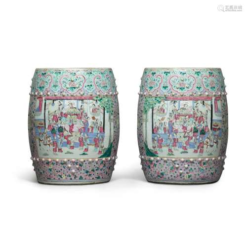 A pair of famille-rose barrel-form garden stools, 19th / 20t...